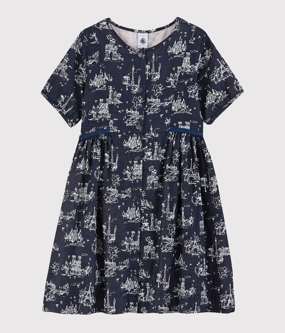 Robe manches courtes en tubique enfant fille bleu SMOKING/blanc ECUME