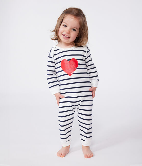 Pyjama bébé en coton ouverture sans pression cœur blanc MARSHMALLOW/bleu SMOKING