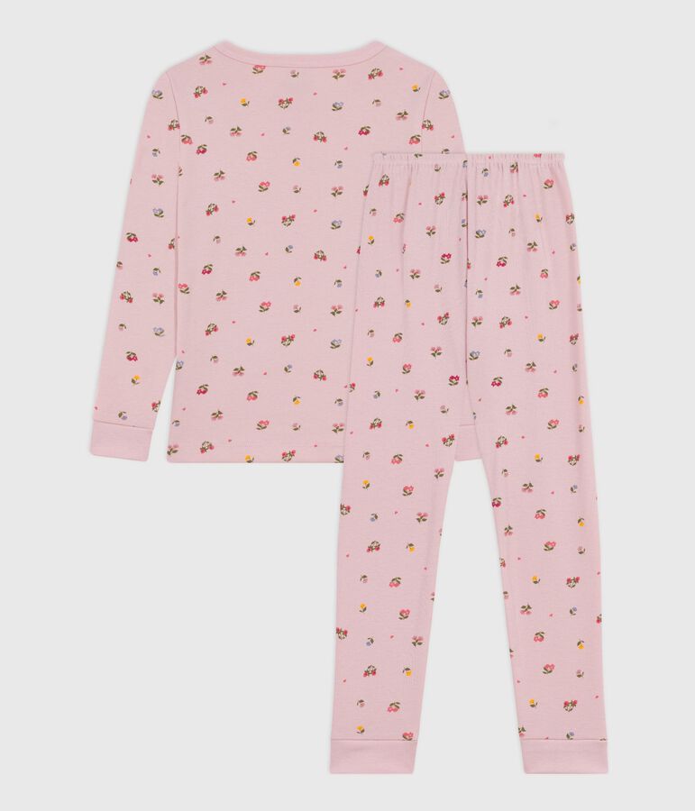 Pyjama enfant en coton  tr&egrave;s ajust&eacute; imprim&eacute; fleurs rose JOLI/blanc MULTICO