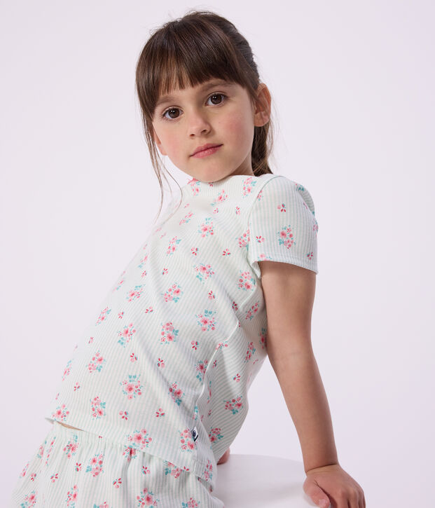 Pyjama short enfant en coton imprim&eacute; fleuri blanc/multicouleur