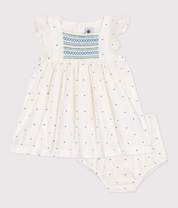 Robe blanche b&eacute;b&eacute; en coton et son bloomer, imprim&eacute;s &agrave; pois blanc/multicouleur