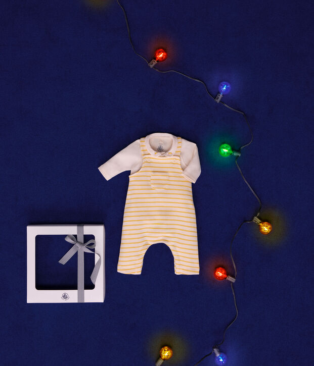 Coffret ensemble salopette et body en coton b&eacute;b&eacute; &eacute;cru/jaune