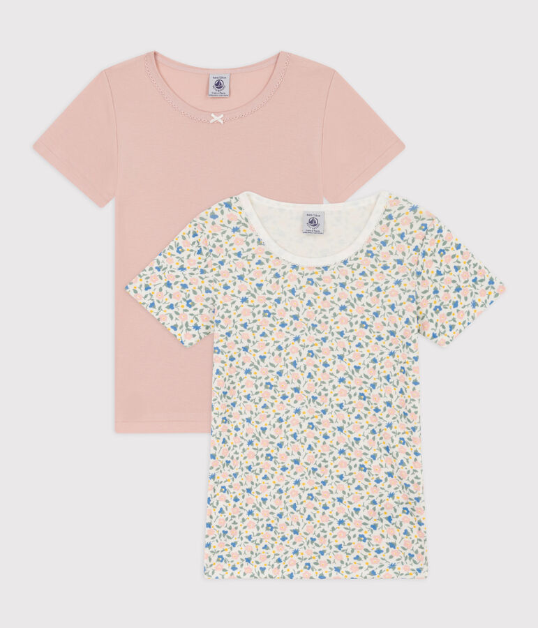Lot de 2 tee shirts manches courtes fleurs en coton petite fille multicouleur