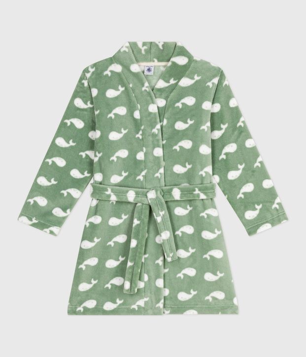 Robe de chambre enfant en polaire imprim&eacute; vert/blanc