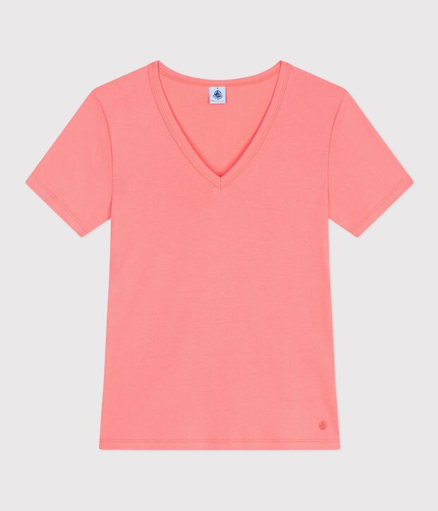 Tee-shirt femme en coton manches courtes uni corail