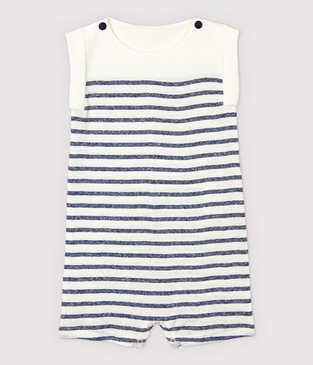 Combinaison courte en coton/lin ray&eacute; b&eacute;b&eacute; gar&ccedil;on blanc/bleu
