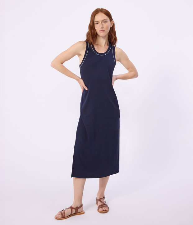 Robe d&eacute;bardeur longue femme en coton bleu