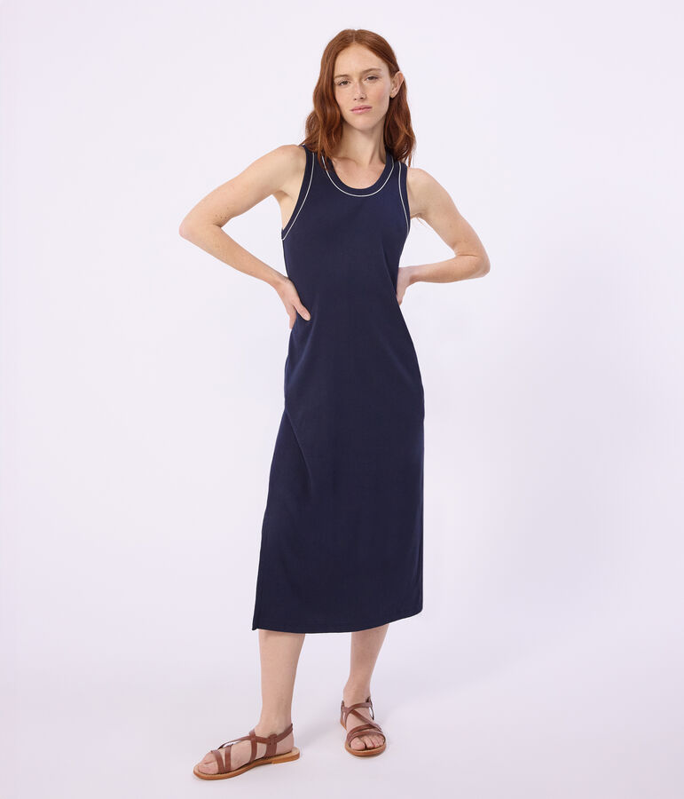 Robe d&eacute;bardeur longue femme en coton bleu