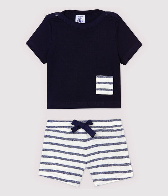Ensemble tee-shirt/short en coton lin bébé garçon bleu SMOKING/blanc MARSHMALLOW
