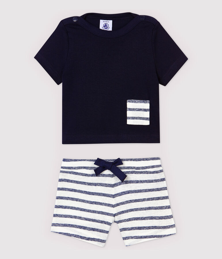 Ensemble tee-shirt/short en coton lin b&eacute;b&eacute; gar&ccedil;on bleu/blanc