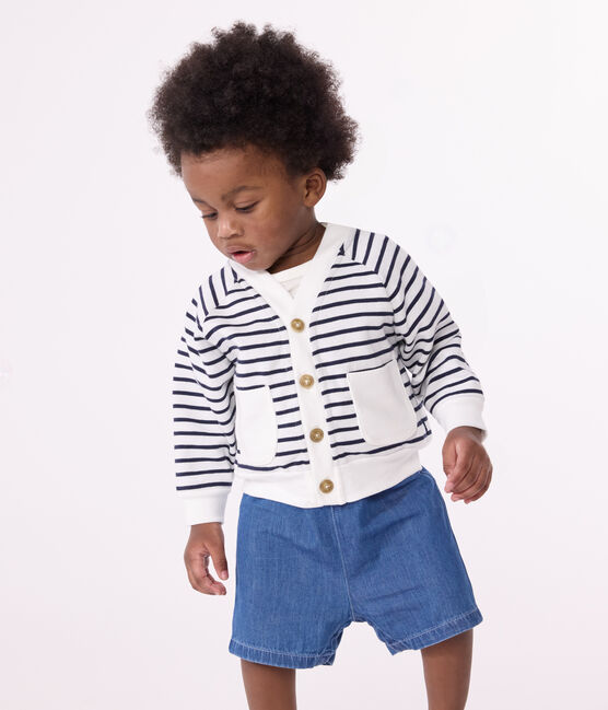 Cardigan en jersey épais bébé blanc MARSHMALLOW/bleu SMOKING