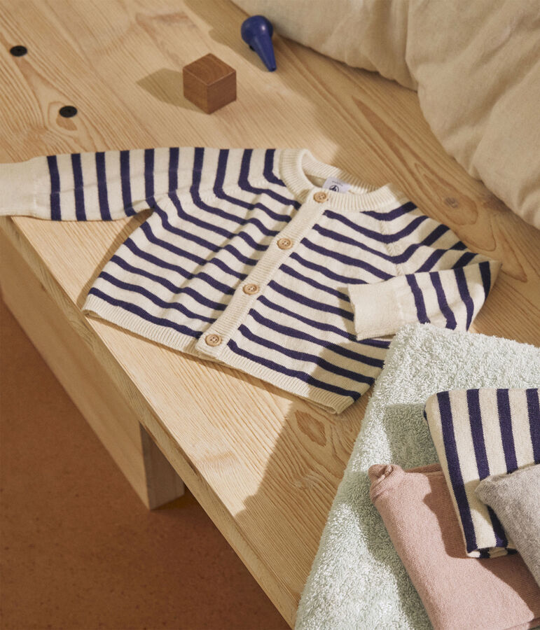 Ensemble 2 pi&egrave;ces &agrave; rayures marini&egrave;res b&eacute;b&eacute; en tricot laine et coton &eacute;cru/bleu