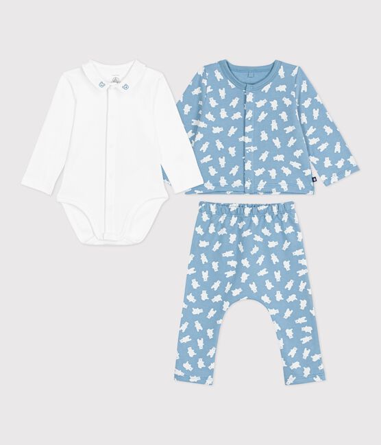 Ensemble 3 pièces bébé imprimé ours et son body brodé au col bleu ADRIATIC/ MULTICO