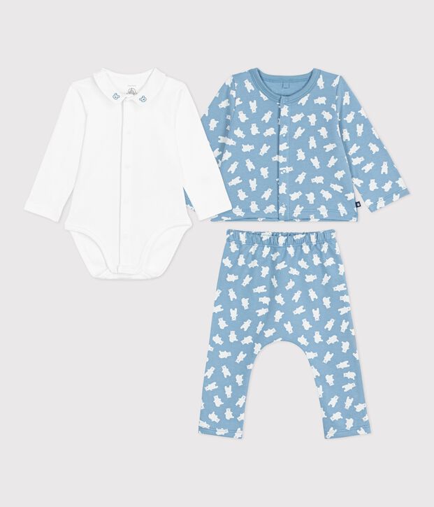 Ensemble 3 pi&egrave;ces b&eacute;b&eacute; imprim&eacute; ours et son body brod&eacute; au col bleu/multicouleur