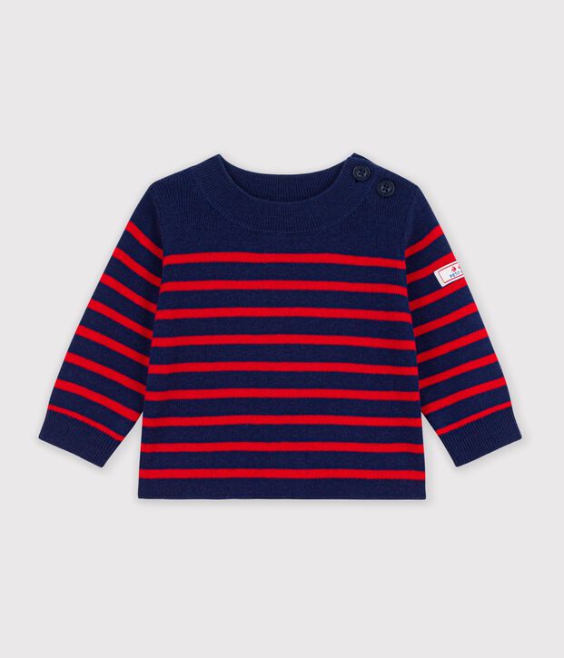 Pull marin b&eacute;b&eacute; en laine et coton &agrave; rayures bleu/rouge