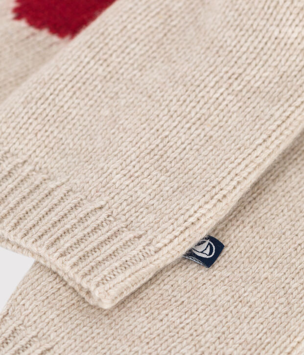 Pull en tricot contenant de la laine b&eacute;b&eacute; &eacute;cru/rouge