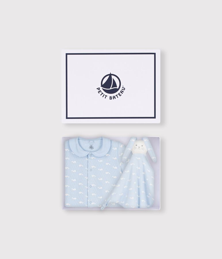 Ensemble cadeau b&eacute;b&eacute; combinaison et doudou imprim&eacute;s baleines bleu/blanc