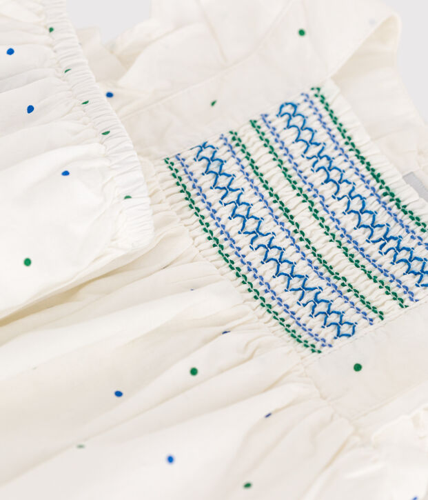 Robe blanche b&eacute;b&eacute; en coton et son bloomer, imprim&eacute;s &agrave; pois blanc/multicouleur