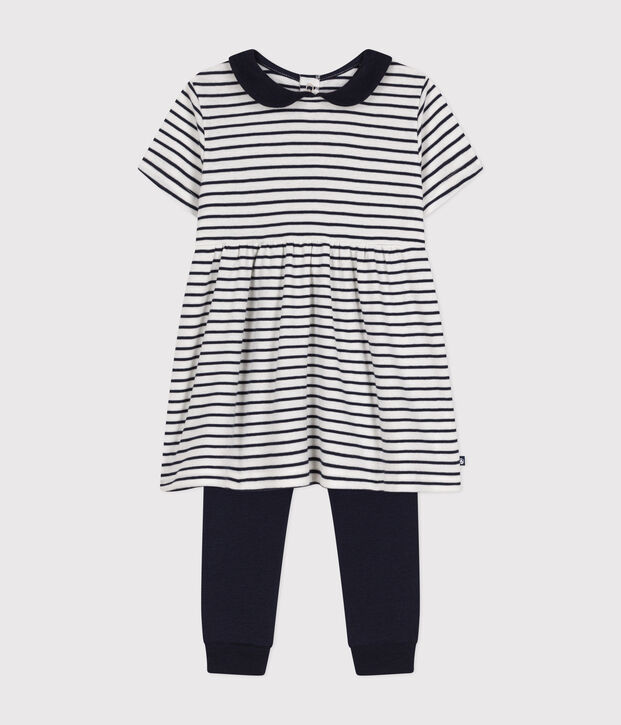 Ensemble robe et legging en coton b&eacute;b&eacute; blanc/bleu