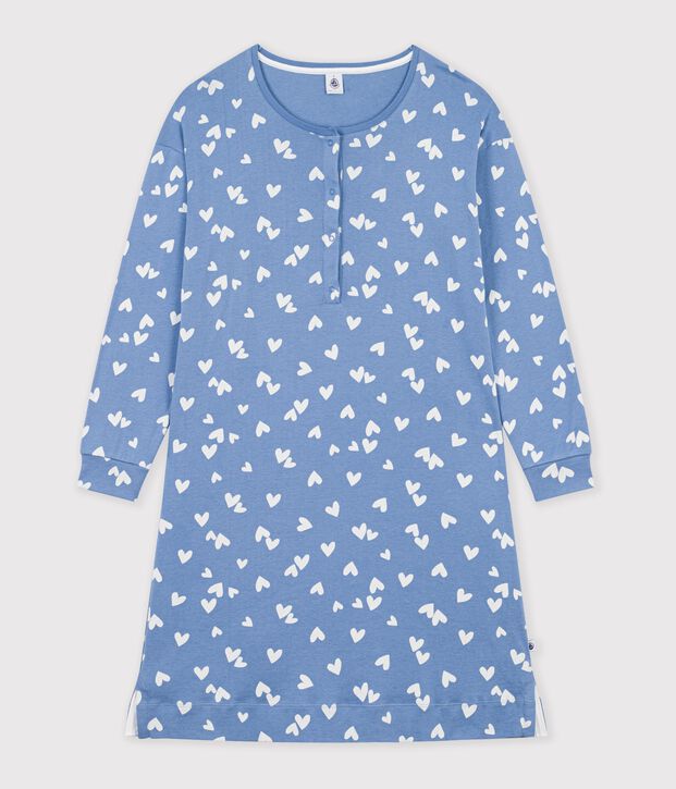 Chemise de nuit femme en coton col tunisien imprim&eacute; c&oelig;urs bleu/blanc