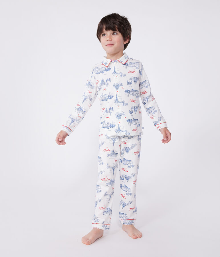 Pyjama enfant en coton boutonn&eacute; imprim&eacute; Paris blanc MARSHMALLOW/blanc MULTICO
