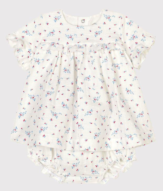 Robe avec bloomer &agrave; imprim&eacute; fleurs b&eacute;b&eacute; fille en popeline blanc/multicouleur