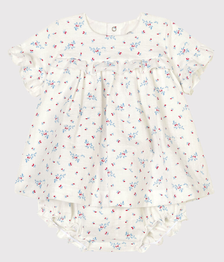 Robe avec bloomer &agrave; imprim&eacute; fleurs b&eacute;b&eacute; fille en popeline blanc/multicouleur