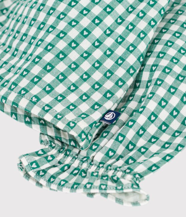 Blouse b&eacute;b&eacute; en coton manches longues imprim&eacute;e vichy c&oelig;urs vert/blanc