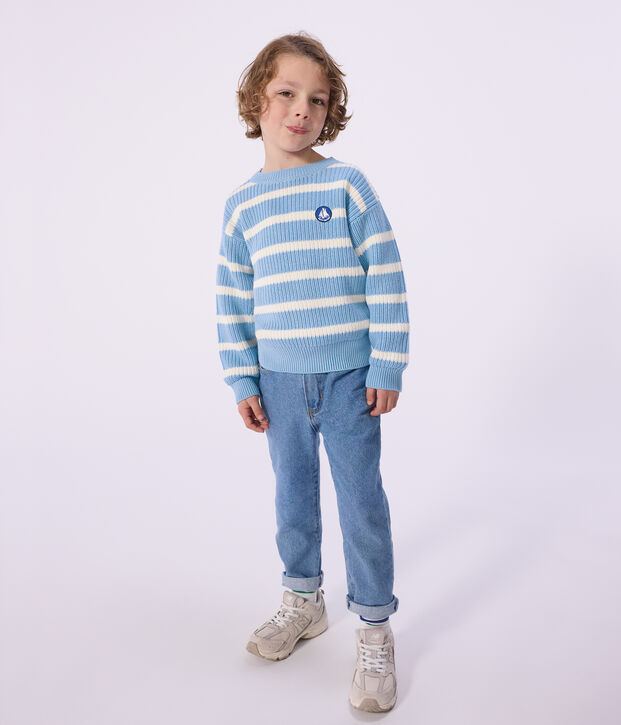 Pull enfant en tricot bleu/&eacute;cru