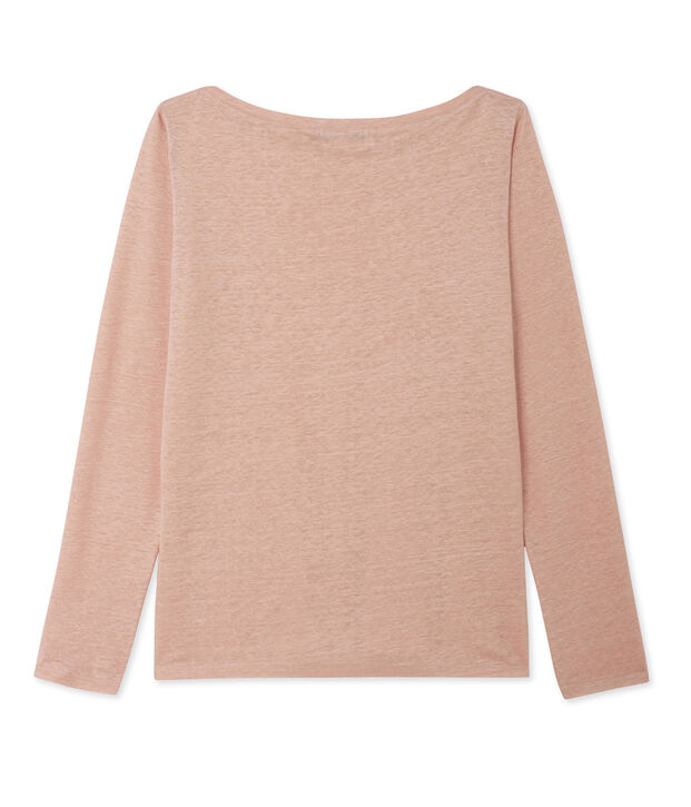 T-shirt femme manches longues en lin laqu&eacute; rose/gris