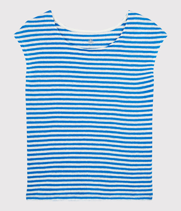 T-shirt en lin ray&eacute; Femme bleu/blanc