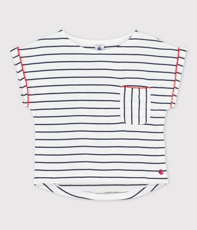 T-shirt manches courtes en coton enfant fille blanc/bleu