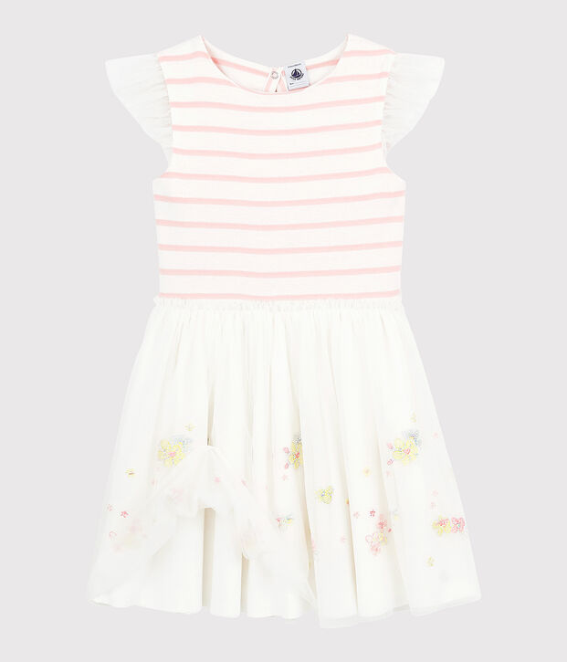 Robe c&eacute;r&eacute;monie en coton et tulle enfant fille blanc/rose
