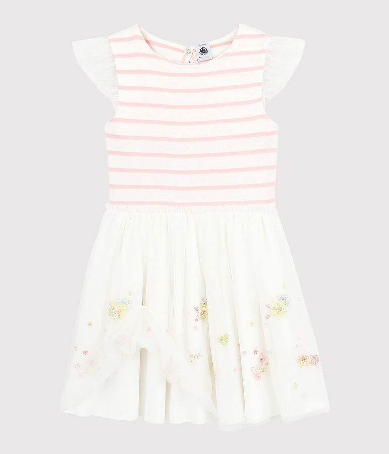 Robe c&eacute;r&eacute;monie en coton et tulle enfant fille blanc MARSHMALLOW/rose MINOIS