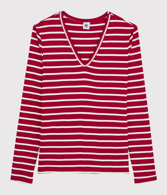 T-shirt iconique col V Femme rouge TERKUIT/blanc MARSHMALLOW