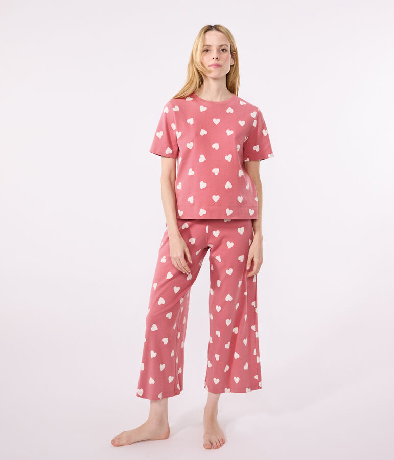 Pyjama en coton imprim&eacute; c&oelig;ur femme rose ROSEWOOD/ MARSHMALLOW
