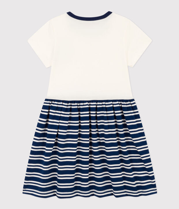 Robe manches courtes en coton enfant fille bleu/blanc