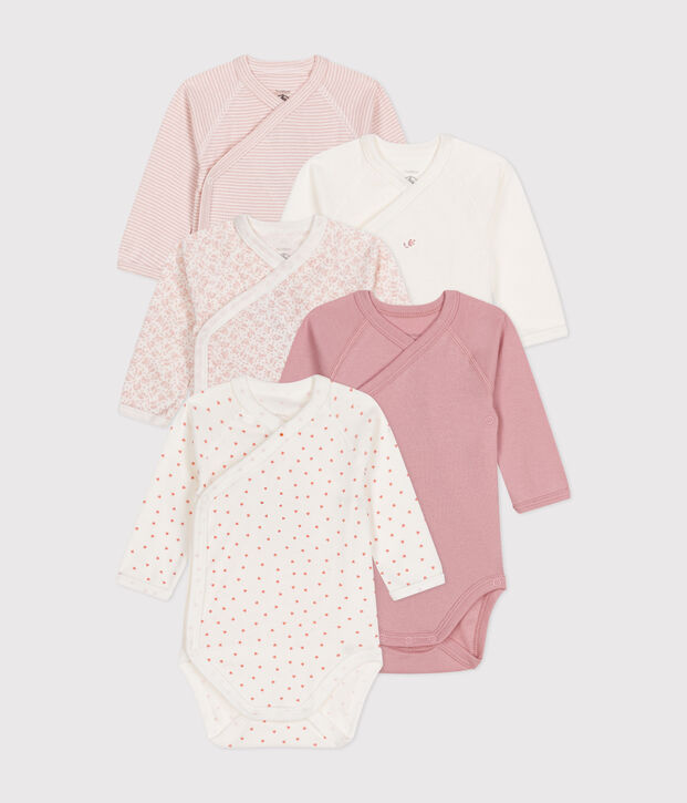 Lot de 5 bodies crois&eacute;s manches longues en coton b&eacute;b&eacute; multicouleur