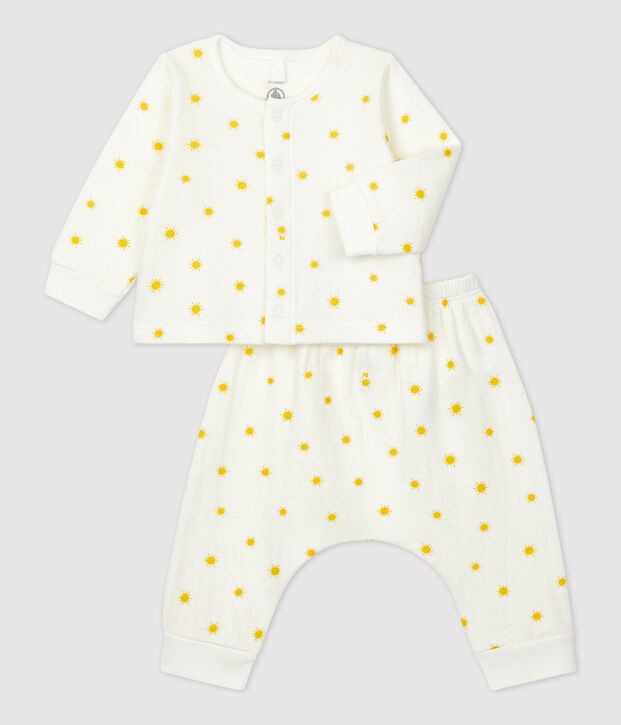 Ensemble 2 pi&egrave;ces imprim&eacute; soleil en tubique bio b&eacute;b&eacute; blanc/jaune