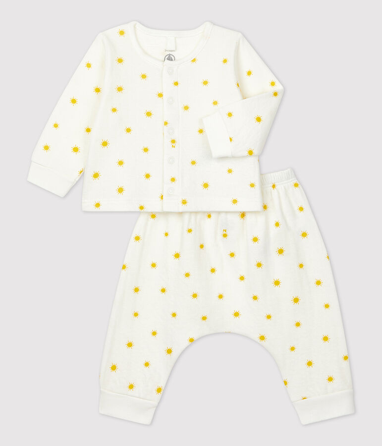 Ensemble 2 pi&egrave;ces imprim&eacute; soleil en tubique bio b&eacute;b&eacute; blanc/jaune