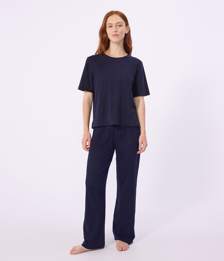 Pyjama manches courtes femme en coton ajour&eacute; bleu