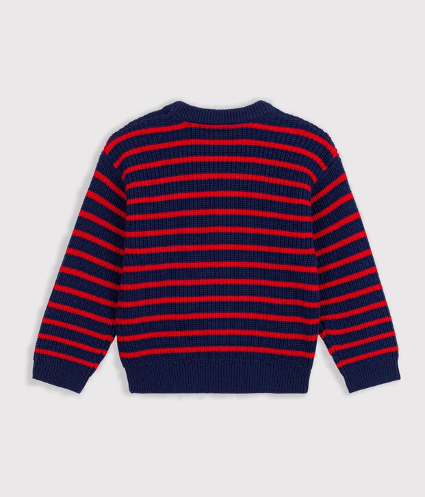 Pull enfant en laine et coton &agrave; rayures bleu/rouge