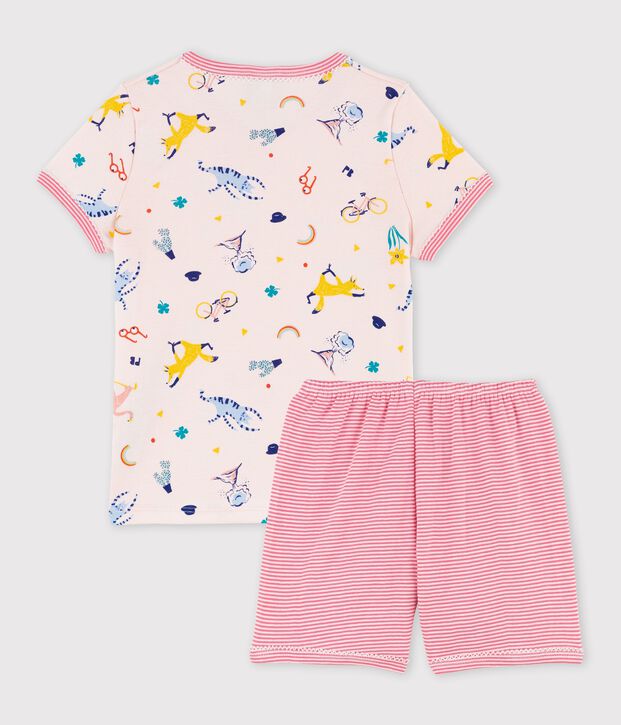 Pyjacourt imprim&eacute; animaux yoga petite fille en coton rose/multicouleur