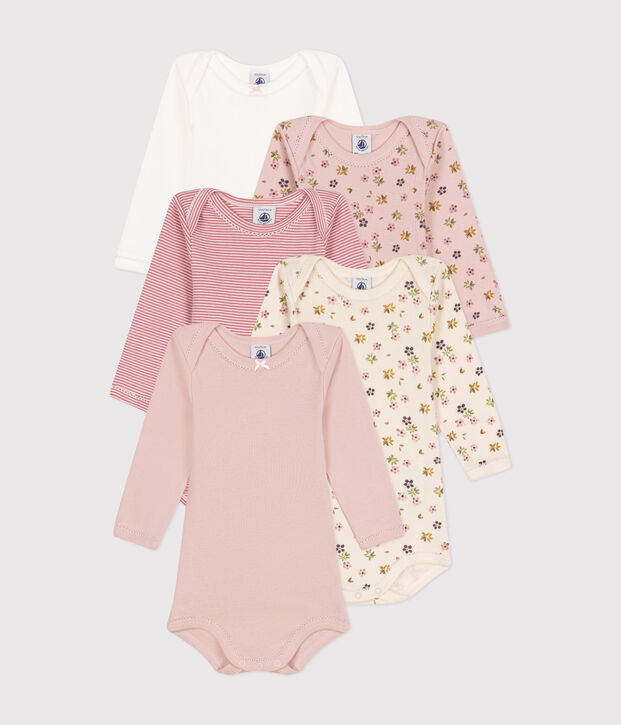 Lot de 5 bodies manches longues fleurs en coton b&eacute;b&eacute; multicouleur