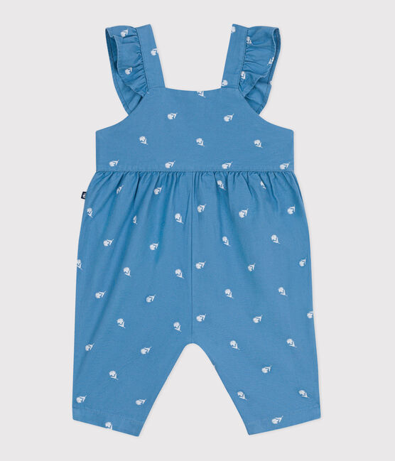 Salopette bébé en coton jambes longues, brodée de fleurs bleu ALASKA/blanc MARSHMALLOW