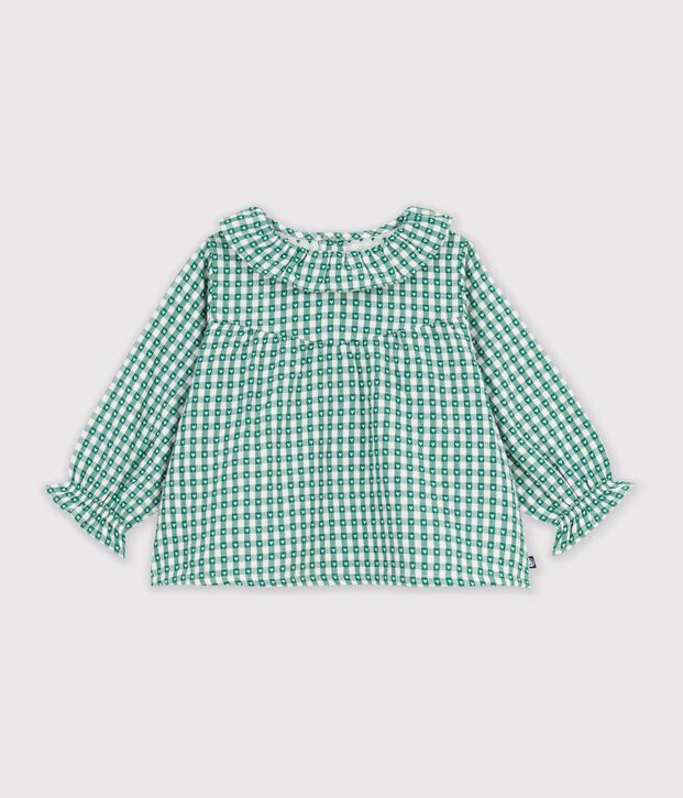 Blouse b&eacute;b&eacute; en coton manches longues imprim&eacute;e vichy c&oelig;urs vert/blanc