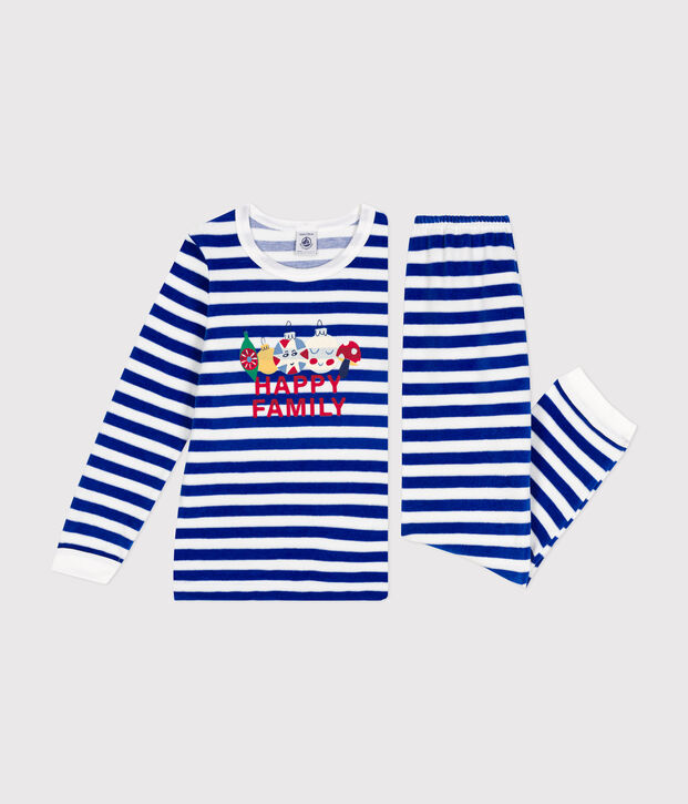 Pyjama ray&eacute; en velours enfant bleu/blanc