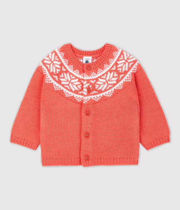 Cardigan 100% laine b&eacute;b&eacute;. orange/blanc