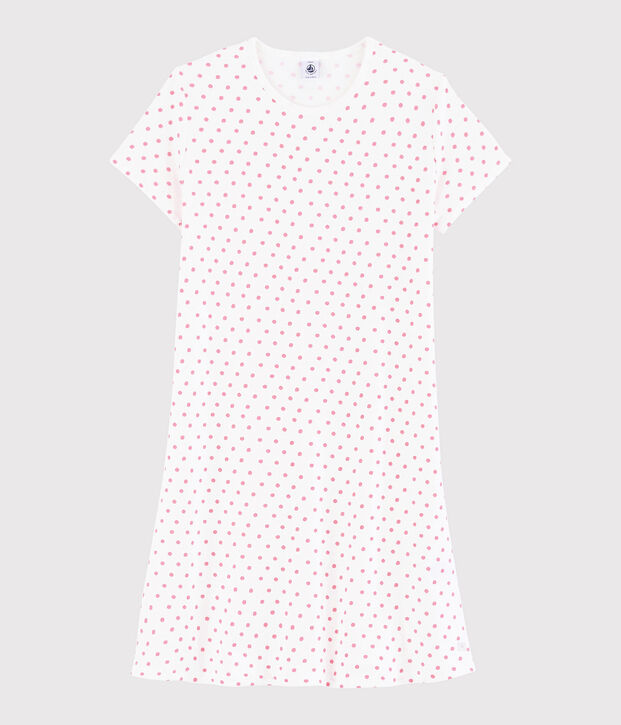 Chemise de nuit pois roses fille-femme en coton blanc/rose