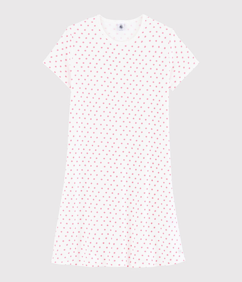 Chemise de nuit pois roses fille-femme en coton blanc/rose